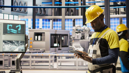Smart factory mechanic using tablet to analyze IoT sensors data before modifying gear. African american man in industry 4.0 plant performing system diagnostics to reduce downtime, camera Aの写真素材