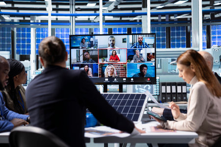 Manager in internet video call with buyers trying to secure funding during solar panels materials presentation. Businessman in industrial plant doing remote videoconference to pitch company assetsの写真素材