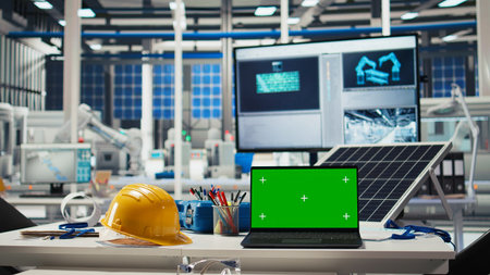 Green screen laptop in photovoltaics factory used to monitor performance of robot arms manufacturing...