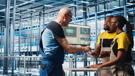 Experienced team leader doing induction to new trainees in industry 4.0 photovoltaics plant. Senior engineer in smart solar panels factory teaching interns to maximize power generation, camera Aの写真素材