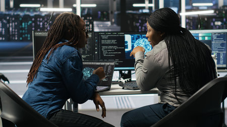 Data center coworkers doing brainstorming, using artificial intelligence machine learning models to...