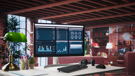 Desktop PC on the wooden desk showcases infographics and client reach data for professional use,...