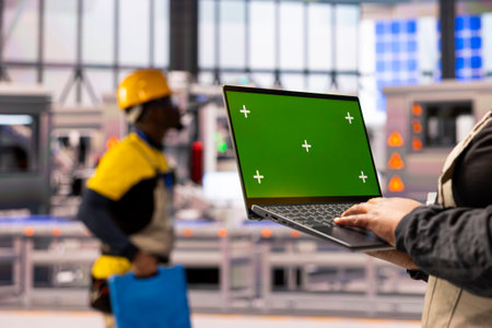 Industry 4.0 expert holding laptop with isolated chromakey template in smart manufacturing plant....