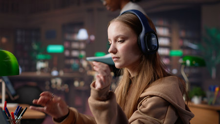 Female student listening to favorite songs and solving a school assignment, working on her laptop under a green lamp in a quiet university library. Higher education diploma. Camera A.の写真素材