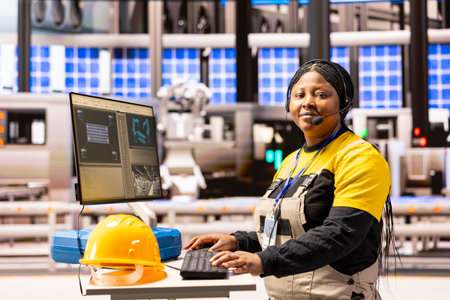 Female technician with headset supervising automated production line, monitoring robotic arms and...
