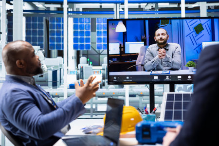 Industrial plant managers showcase product innovations in teleconference meeting. Factory businessmen doing sales presentation for shareholders, showing solar panel solutions during internet videocallの写真素材