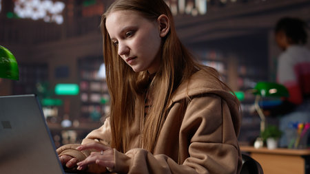Female student makes final preparations for her university periodicals, combining research on books...