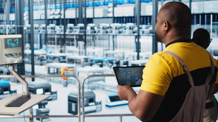 Photovoltaic smart factory engineer uses tablet to design production lines for assembly facility in CAD program. Industry 4.0 solar panels plant worker uses device to optimize floor layouts, camera Aの写真素材