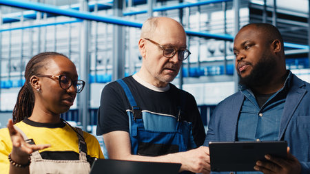 Smart factory team leader and colleagues implement automated workflows and control systems, computerizing manual operations. Coworkers integrate sensors into conveyor belts, camera Aの写真素材