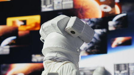 Space man on a cosmic journey mission surrounded by stars and the galaxy, showcasing surreal exploration. Male astronaut with suit and helmet travelling in the universe, outer space. Camera A.の写真素材