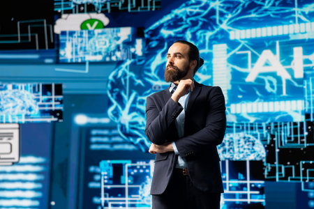 Professional businessman looks around at AI neural network system, employing digital brain visualization for machine learning and programming. Driving smart technology and algorithmic thinking.の写真素材