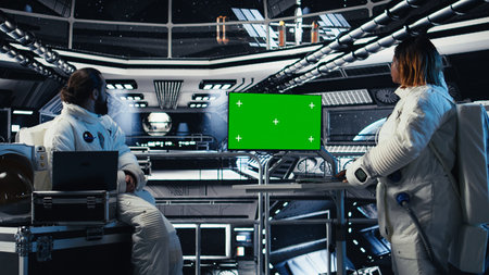 Astronauts checking human expansion in space mission logs on isolated screen monitor. Teamworking...