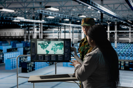Team of military experts in data center examining mission coverage zones on global mapping software....