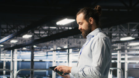 Data center computer scientists using devices to review AI LLM visualizations. Server hub engineering team working to analyze neural networks outputs, ensuring stable gear operationsの写真素材