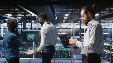Data center developer frustrated by critical error affecting laptop. Irate server farm worker reacting to hardware performance issues triggered by unresolved software bugs,の写真素材
