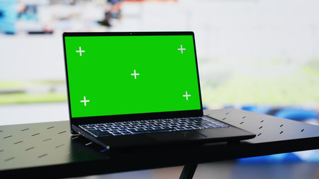Laptop shows green screen mockup next to modern web design social network platforms, visual representation of trends and mobile interaction. Empty space for user experience. Camera A.の写真素材