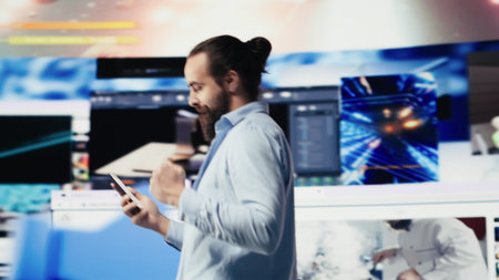 E commerce expert connecting on social media web platforms, networking creativity and online engagement in a digital world powered by mobile phone connection. digitalization. Camera A.の写真素材