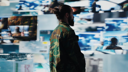 Male soldier showing respect and devotion with the military salute, monitoring satellite imagery for intelligence. Working on war planning tactics with battlefield details. Camera A.の写真素材