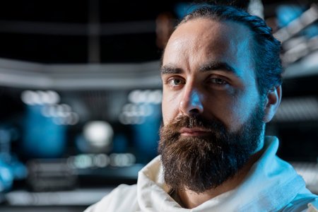 Close up portrait of cosmonaut preparing for planetary mission outside, testing habitats. Man in orbital station beginning landing procedures on solar system planet, mapping unknown worldsの写真素材