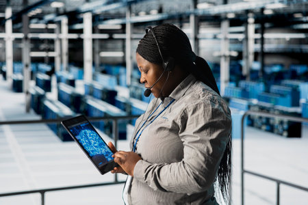 Data center engineer dispatching field technicians after doing AI system scans using tablet. Female technical support specialist in server room managing live support calls during server errorsの写真素材