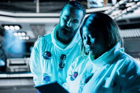 Teamworking cosmonauts exploring planetary surfaces, preparing for mission outside. Orbital station coworkers beginning landing procedures on blue planet, mapping unknown worldsの写真素材