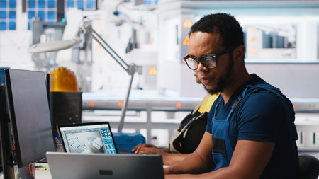 Black engineer inputs solar system parameters at industrial workstation, using PC in a renewable energy facility. Technician supports sustainable production through software management. Camera A.の写真素材