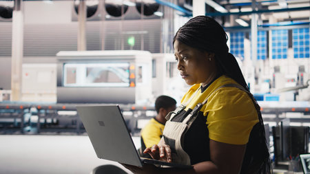Woman engineer in photovoltaics factory uses tracking software on laptop to diagnose malfunctioning systems. Solar panels manufacturing plant worker reducing downtime finetuning. Camera B.の写真素材