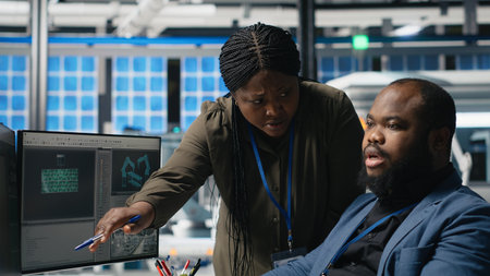 African american master engineers examining photovoltaics activity in solar power factory, reviewing data and checklists for the manufacturing process. Eco friendly renewable energy. Camera B.の写真素材