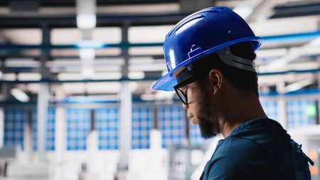 Black photovoltaics factory technician looking over paperwork documents, analyzing data for...
