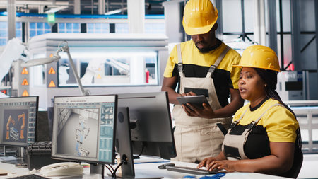 African american team of employees doing quality control on pc, troubleshooting and fixing technical issues for solar panel production at the factory. Coworkers inspecting system. Camera A.の写真素材