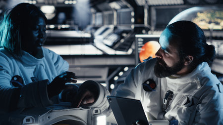 Researchers in starship discussing mission plan during mankind survival expedition. Astronauts doing human expansion in space mission in spacecraft, advancing scientific knowledgeの写真素材