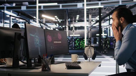 Employee requesting help from manager to fix hacked equipment systems. Stressed data center admin reacting to spyware popup on computer screen, launching emergency response protocol, camera Aの写真素材