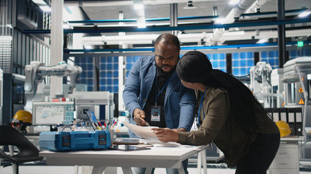 Black engineering professionals and directors review operational workflows in a solar manufacturing facility. Integrating teamwork in renewable energy production and development. Camera A.の写真素材