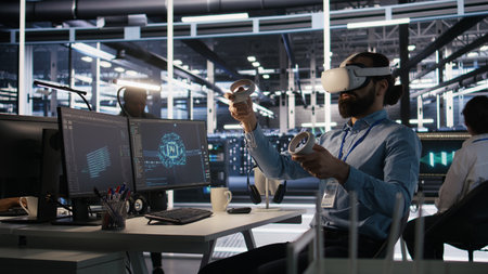 Admin using VR headset in data center to update server tech, configuring equipment using software tools. Server farm employee reviewing hardware analytics using virtual reality, camera Aの写真素材
