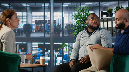 Multiethnic professionals in a heated argument during corporate negotiation, addressing leadership dynamics and disagreements. Irritated business development within a diverse culture. Camera B.の写真素材