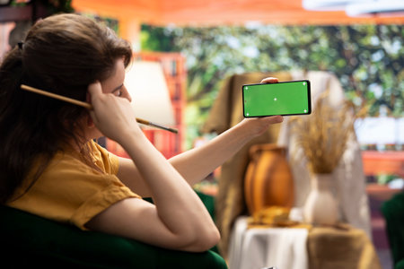 Painter admiring her creative masterpiece in art studio next to green screen, finishing her oil paint mixed with watercolor artwork. Creative artist enjoying quality time in her atelier.の写真素材