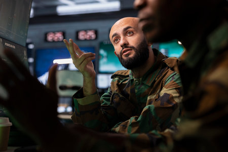 Military agent and colleague in command post doing reconnaissance mission using monitoring equipment. Middle Eastern army expert uses maps and charts to determine location of targetsの写真素材