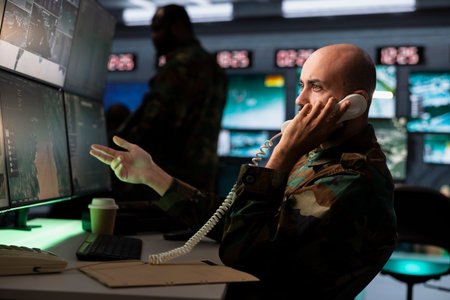 Intelligence corps specialist using communication systems to call in air strikes on enemy troops....