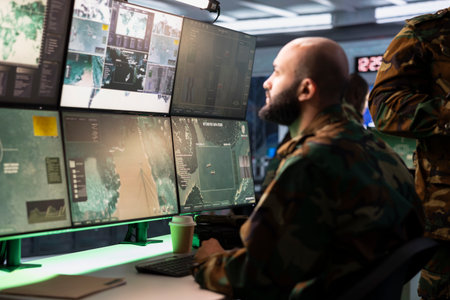 Military agent working in control room, analyzing aerial reconnaissance data to come up with warfare winning tactics. Intelligence corps agent controlling drones attacking strategic targetsの写真素材