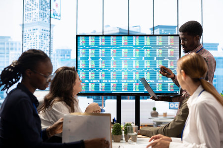 Business associates collaborating at the conference table in boardroom, utilizing smart technology and monthly statistics to present a detailed analysis of market trends and economic forecasts.の写真素材