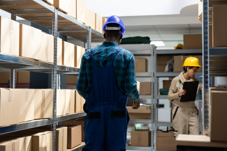 African american man staff managing order shipment with boxes and products for e commerce...