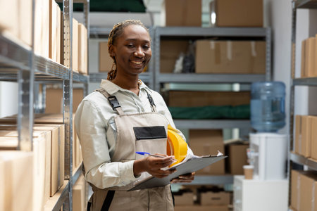 African american woman sorting retail boxes for dispatch from depot racks, manual work job. Business operations focus on logistics, supply chain efficiency and shipment readiness.の写真素材