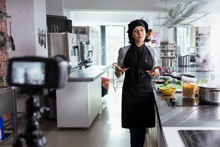 Skilled chef in apron recording a vlogging session on plating food, stands behind the kitchen counter. Expert offers explanations and details as she teaches techniques for the food industry.の写真素材
