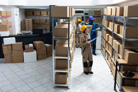 Female worker in a storage depot handles packages supply chain, managing inventory systems, focusing on storage organization and delivery services in a highly structured logistics center.の写真素材