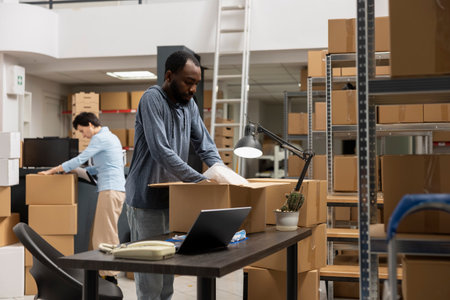 Black male executive manager uses laptop for order logistics in the storage room, working in a local distribution hub. Supply room filled with boxes and inventory goods, e commerce.の写真素材