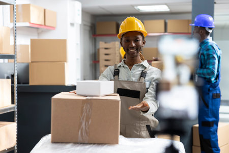 Employee recording a live tutorial in an industrial warehouse, showcasing product handling, packaging and shipment control. Creates video content for marketing and client reach.の写真素材