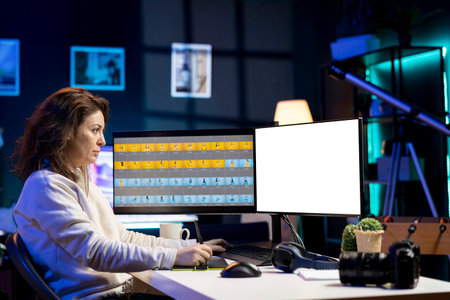Photographer uses photo editing software on isolated screen PC display in studio. Freelancer uses photographs retouching program on mockup computer monitor, making adjustment with graphic tabletの写真素材