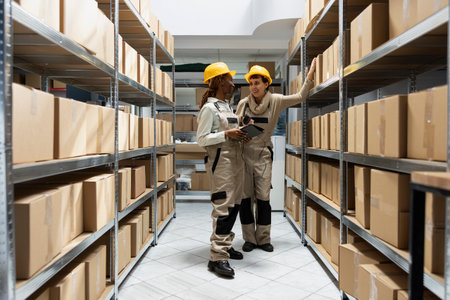 Multiethnic workers team tracking inventory using bar code systems, handling delivery crates for the order shipment. Factory workspace supports product storage and transportation logistics.の写真素材