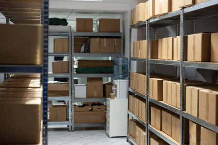 Spacious empty warehouse interior with shelving units and storage racks ready for goods, packages and cargo. Industrial facility supports shipping and mass production logistics.の写真素材