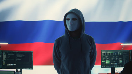 Russian expert working in high tech cyber operations center to collect information through malicious hacking attack. Russian federation spreading fake news and cyberwarfare propaganda. Camera B.の写真素材